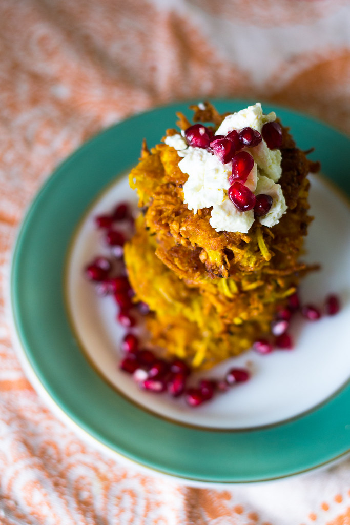 Saffron Latkes with Herbed Feta and Pomegranate