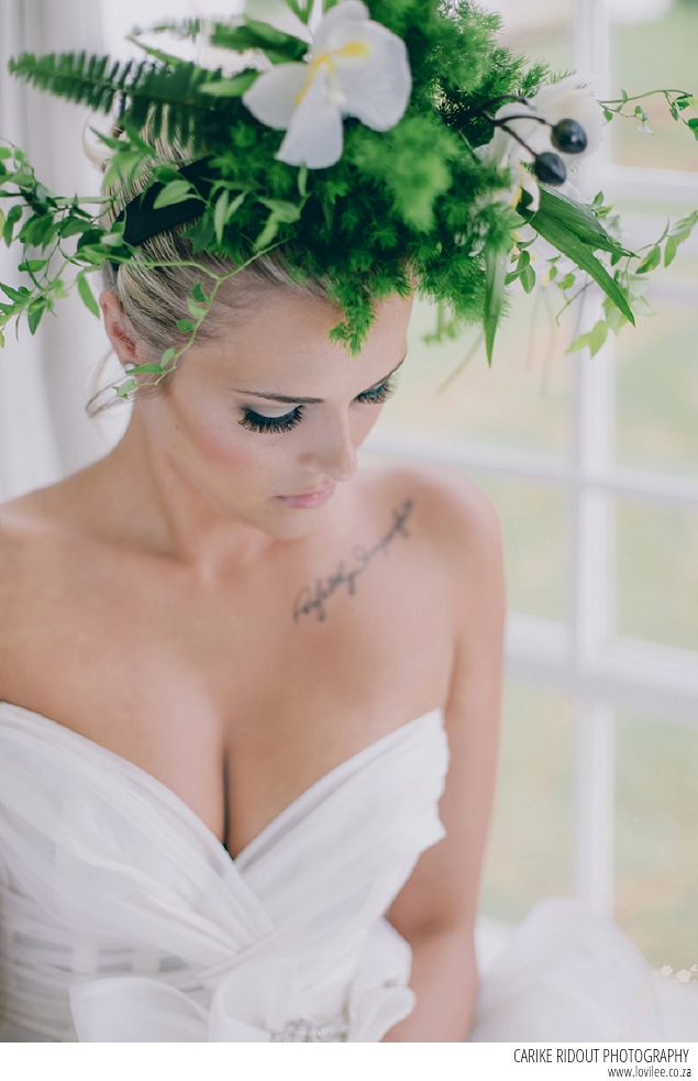 Bridal make-up by Kirsled Lash with botanical headpiece