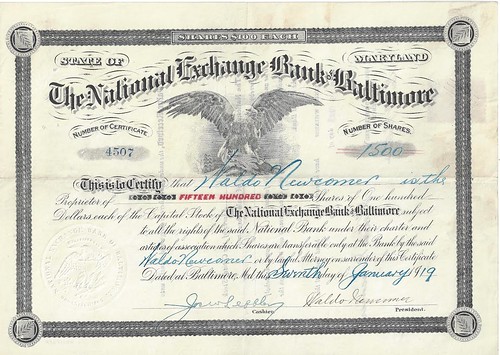Waldo newcomer National Exchange Bank of Baltimore stock certificate