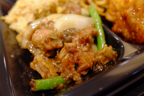 Plate meal orange chicken, shanghai angus steak, fried rice, chow mein, stir-fried noodle