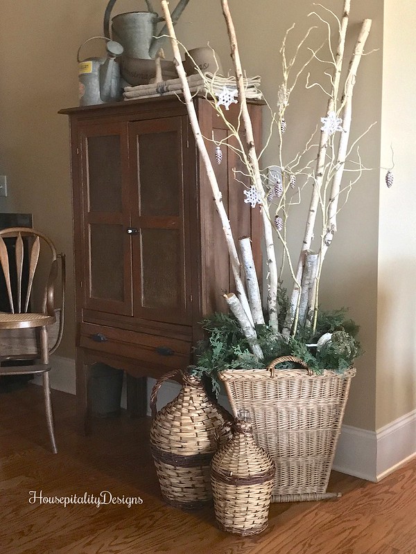 Antique French Gathering Basket-Demijohns-Pie Safe-Birch Branches-HousepitalityDesigns