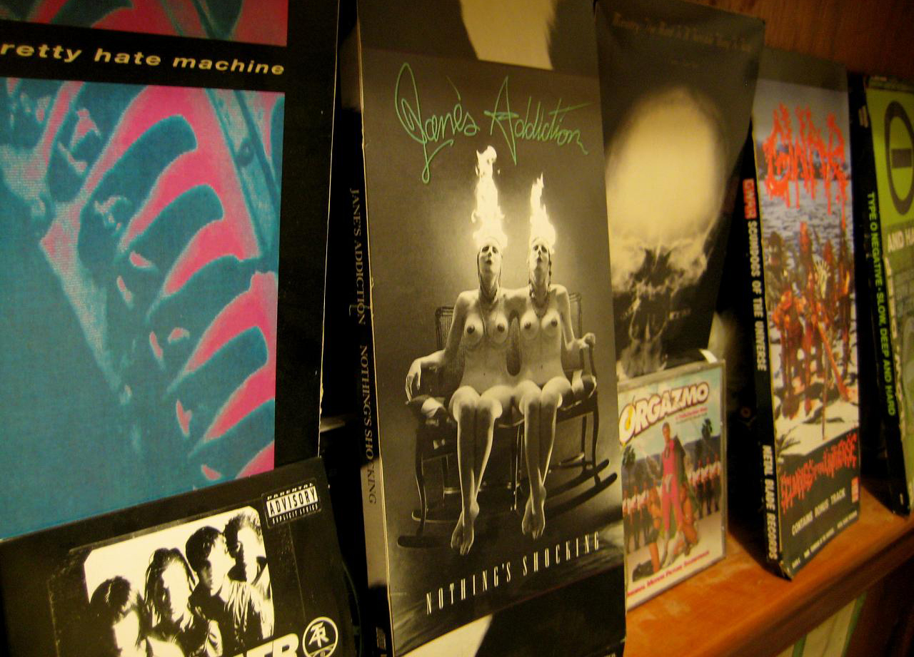 20080223 - cd longboxes - Nine Inch Nails: Pretty Hate Machine, Jane's Addiction: Nothing's Shocking, Ministry: The Mind Is A Terrible Thing To Taste, Gwar: Scumdogs Of The Universe, Type O Negative: Slow, Deep And Hard, Atari Teenage Riot: Live In Philad