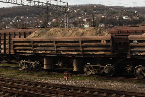 Russian Railways side dump wagons loaded with sand