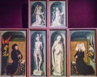 Alltagsseite des Altarbilds 'Das Jüngste Gericht' (Abbildung der Stifter Nicolas Rolin und Guigone de Salins neben den Märtyrern Sebastian und Antonius)