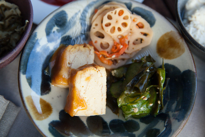 Stir fried lotus, marinated seaweed and Japanese rolled omelet oil miso dengaku at Gusuku's breakfast