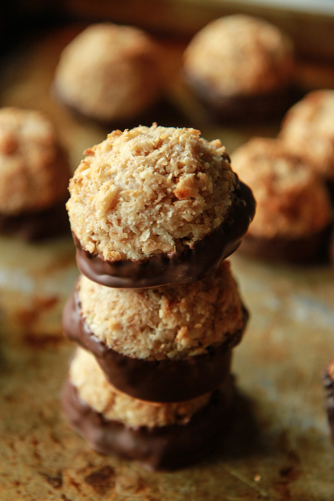 Vegan Chocolate Dipped Toasted Coconut Macaroons from HeatherChristo.com