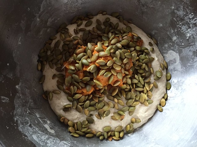 Mixing pumpkin puree & seeds