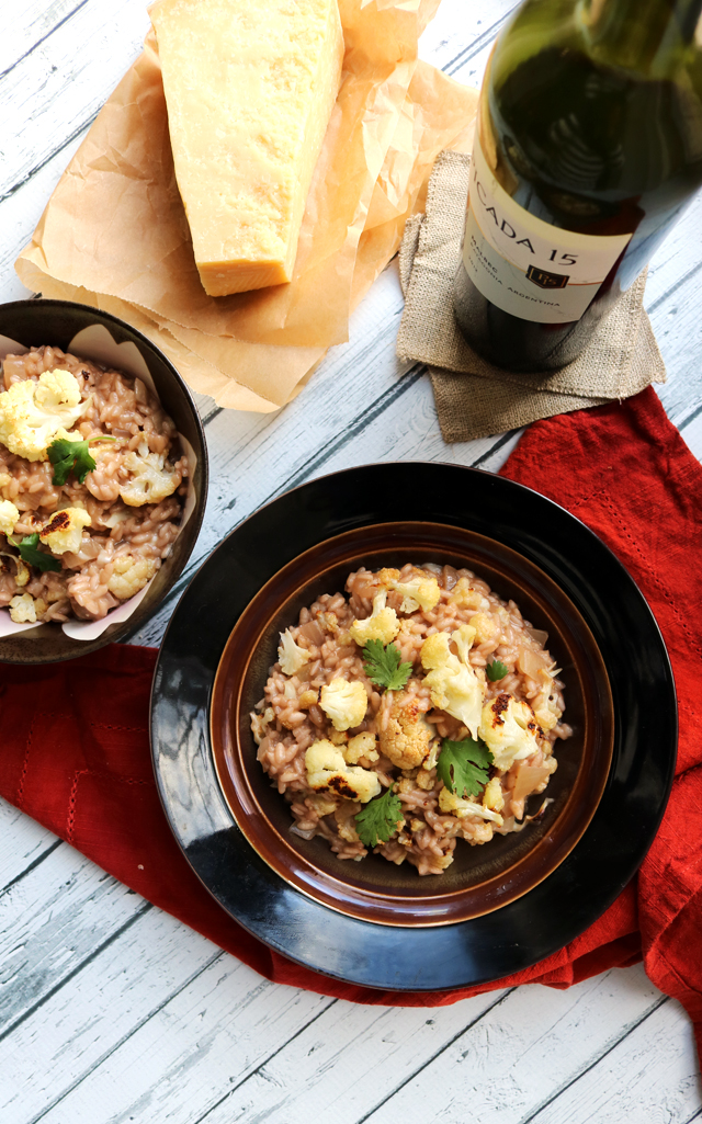 Drunken Red Wine Risotto with Roasted Cauliflower and Goat Cheese