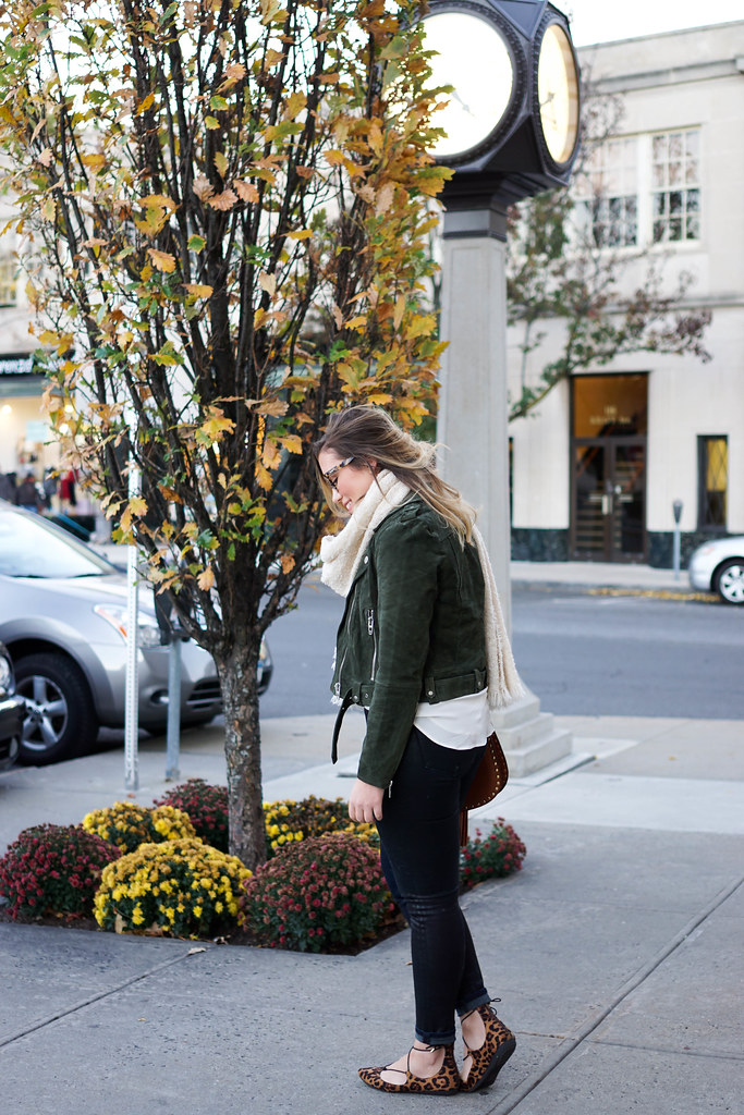 Blank NYC Green Suede Moto Jacket Lace Up Leopard Flats Prada Tortoise Glasses Casual Fall Outfit