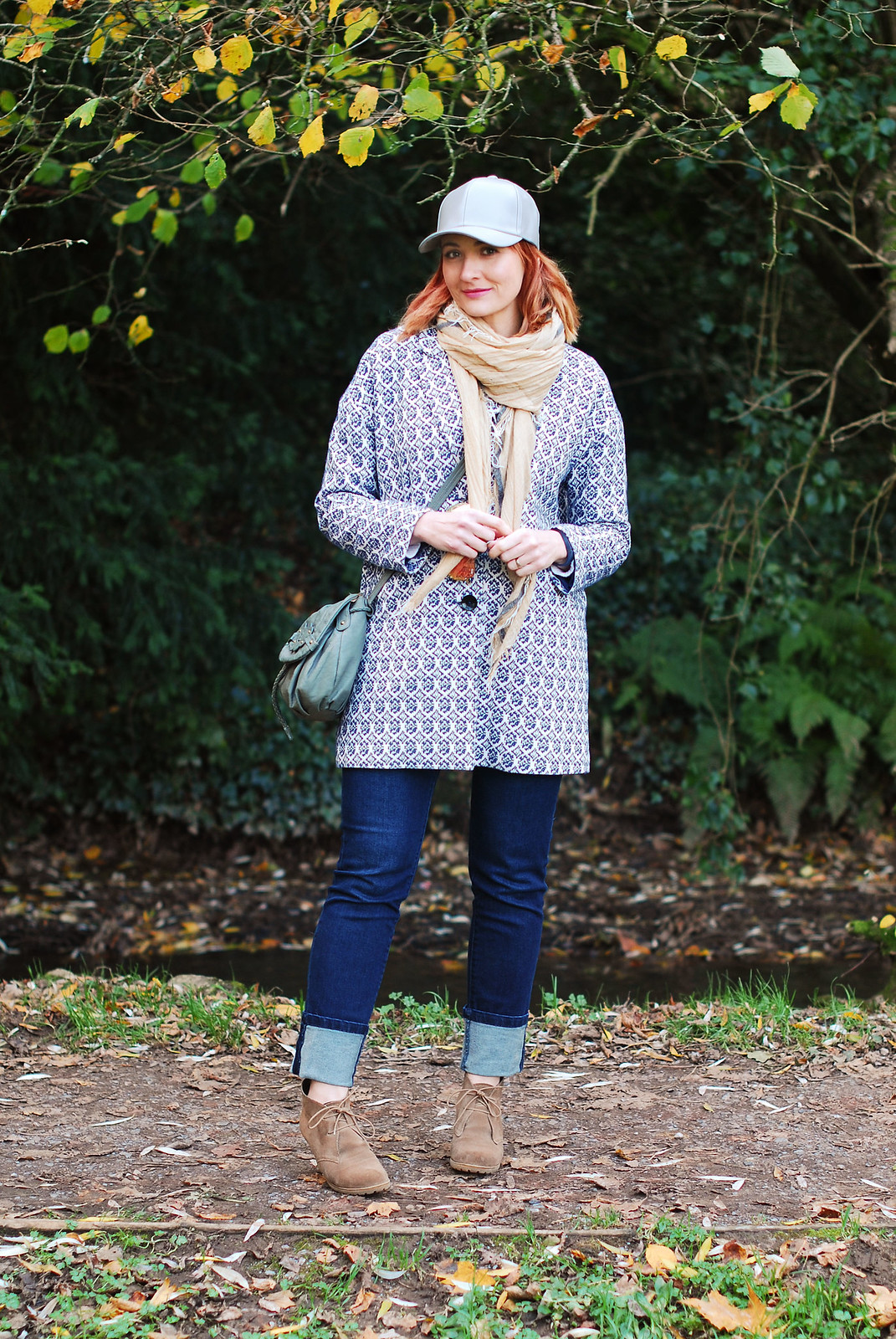 Cold weather walking in the woods walking the dog outfit Tapestry coat, deep hem skinnie jeans, grey cap and wedge desert boots | Not Dressed As Lamb, over 40 style blog