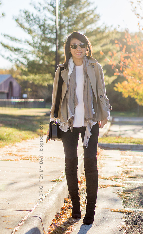 camel trench cape, light pink sweater, plaid scarf, black skinny jeans, brown suede over the knee boots