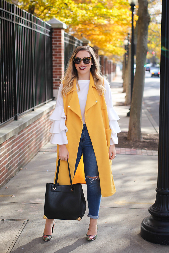 Shein Yellow Vest Shein White Ruffle Bell Sleeve Top H&M Girlfriend Jeans Casual Fall Outfit Stamford Connecticut Living After Midnite Style Fashion Jackie Giardina