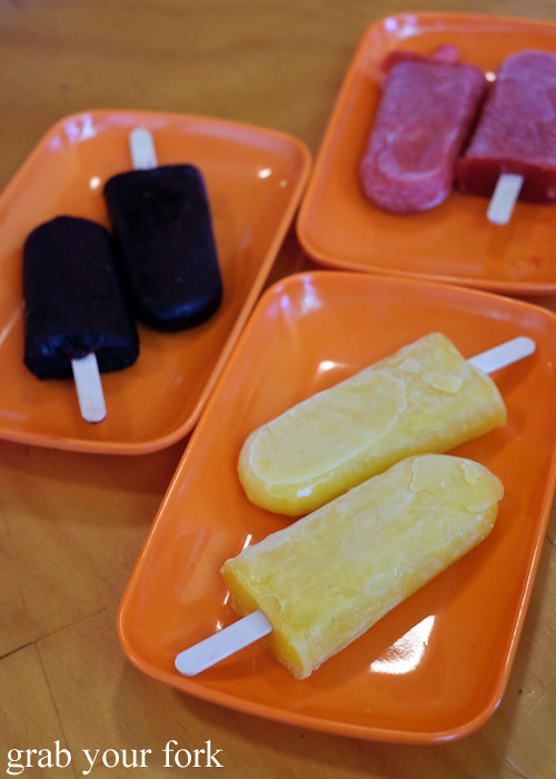 Mulberry, strawberry and mango frozen fruit pops at Good Luck Pinbone in Kingsford