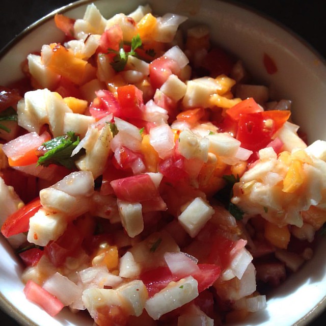 Fresh guava & papaya salsa for our breakfast quesedillas and beyond.