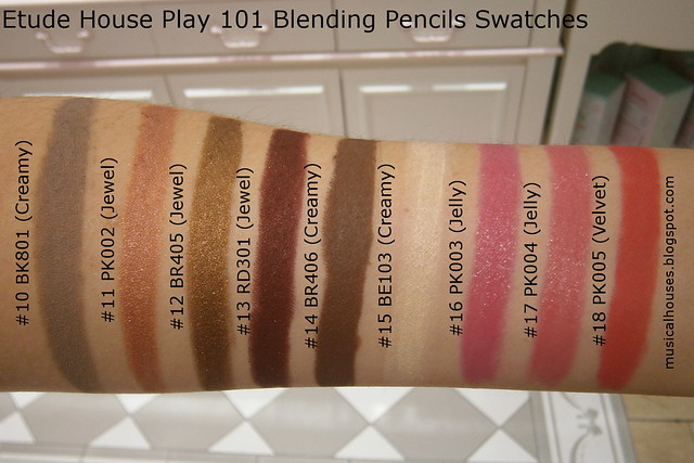 Etude House Play 101 Blending Pencil Swatches 10 to 18