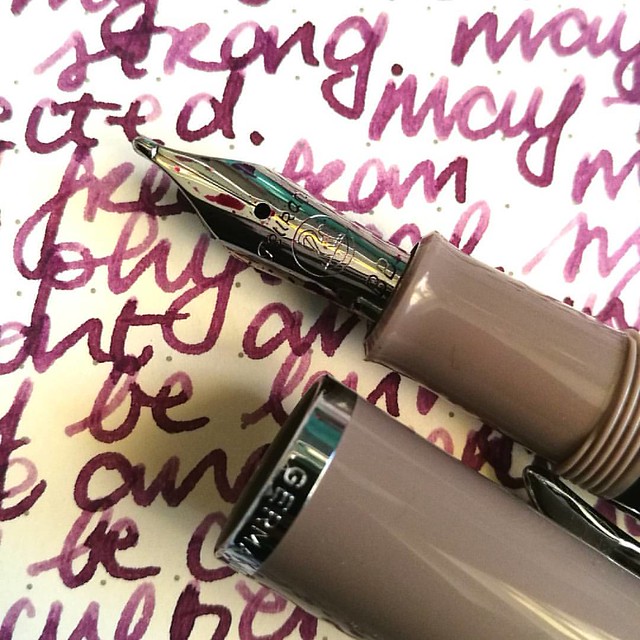 Pelikan M205 Taupe inked with Caran d'ache Storm - highlights the warm subtle purple in the pen.