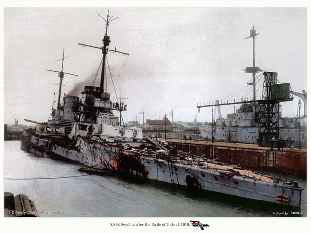 The First World War German battlecruiser Seydlitz badly damaged after the Battle of Jutland May 1916.