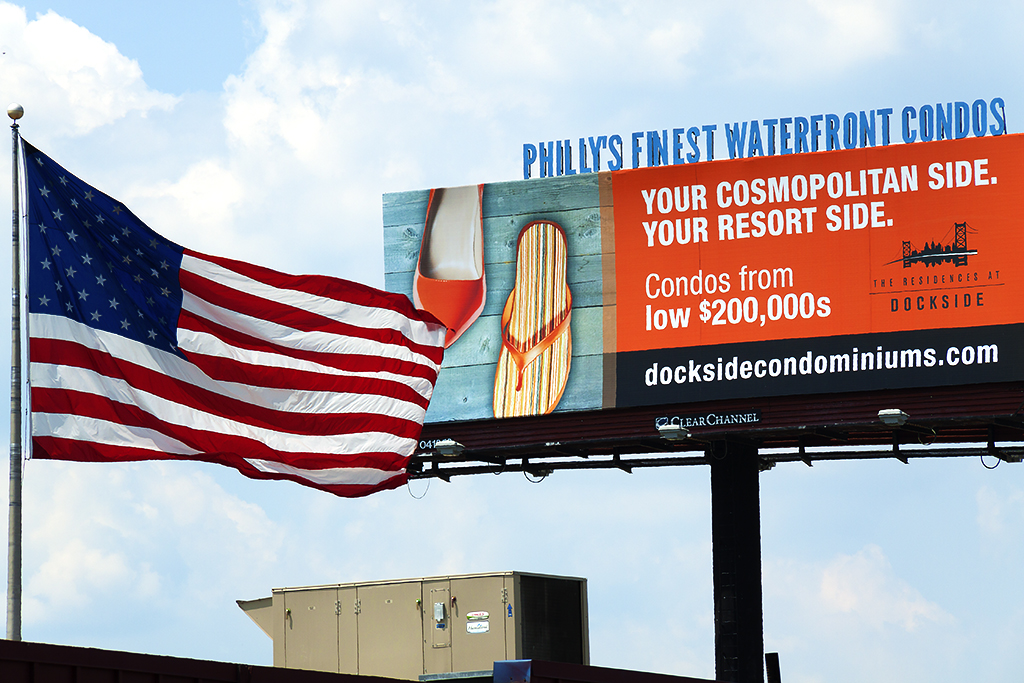 Flag and billboard for waterfront condos--Pennsport