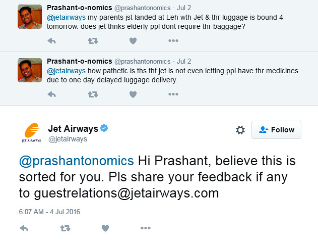 Jet Airways Tweet