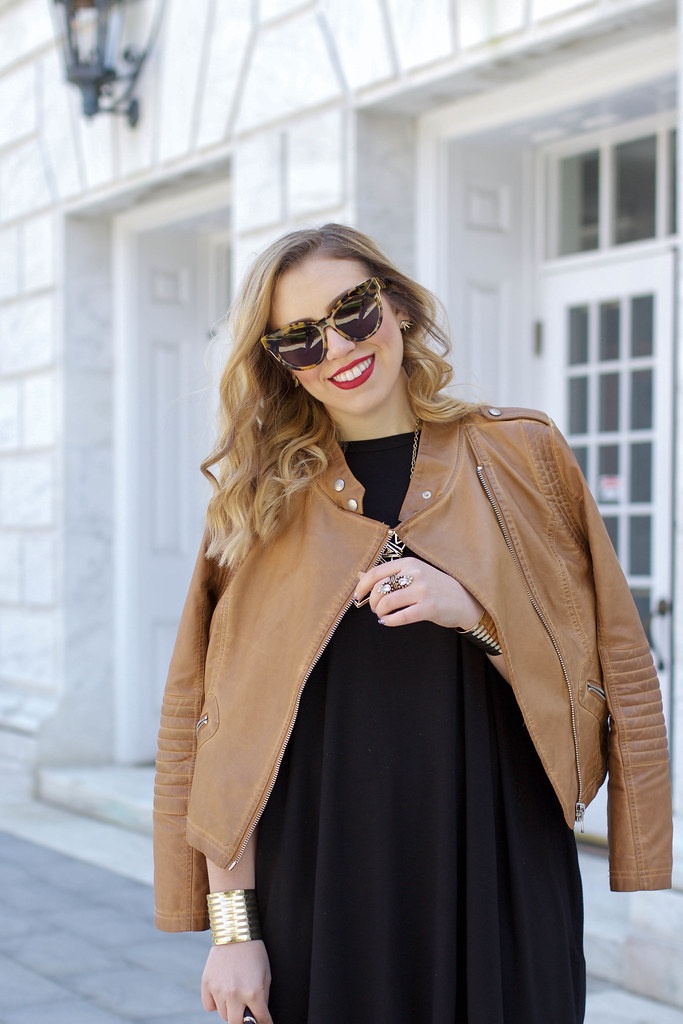 ASOS Oversized T-Shirt Dress | Cognac Brown Faux Leather Jacket | Karen Walker Starburst Sunglasses | Red Lipstick | Neutral Block Heel Sandals | Casual Spring Summer Outfit | Style Fashion on Living After Midnite by Blogger Jackie Giardina