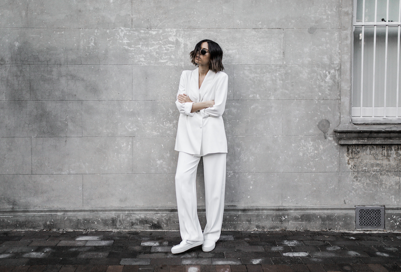all white suit street style inspo fashion blogger celine Loxley bucket bag sneakers modern legacy minimal Instagram (16 of 18)
