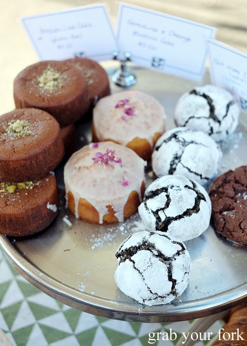Persian love cake, orange blossom semolina cake and black sesame and coconut biscuits by Brickfields at the Canterbury Foodies and Farmers Market, Sydney