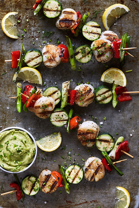 Grilled Scallop and Veggie Skewers with Green Tahini