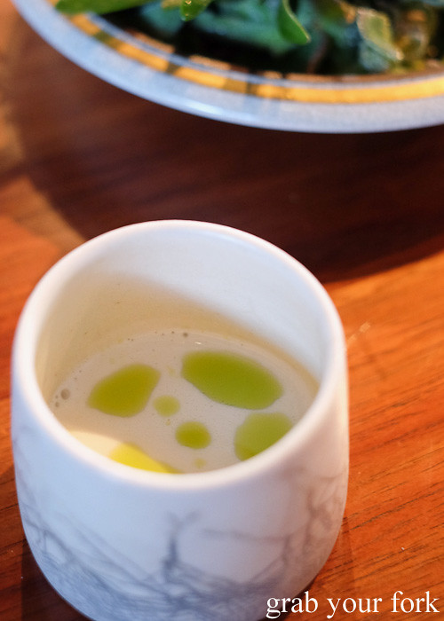 Macadamia milk and native thyme oil at Restaurant Orana, Adelaide