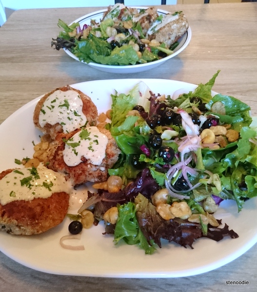  two servings of Chef's Plate herbed fish cakes and salad