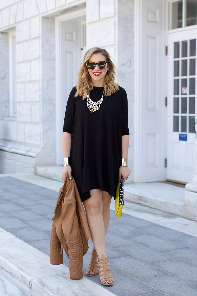 ASOS Oversized T-Shirt Dress | Cognac Brown Faux Leather Jacket | Karen Walker Starburst Sunglasses | Red Lipstick | Neutral Block Heel Sandals | Casual Spring Summer Outfit | Style Fashion on Living After Midnite by Blogger Jackie Giardina