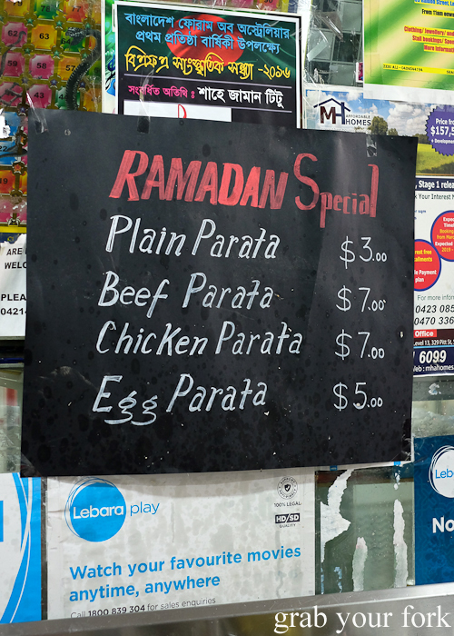 Parata menu at the Ramadan food festival in Lakemba Sydney