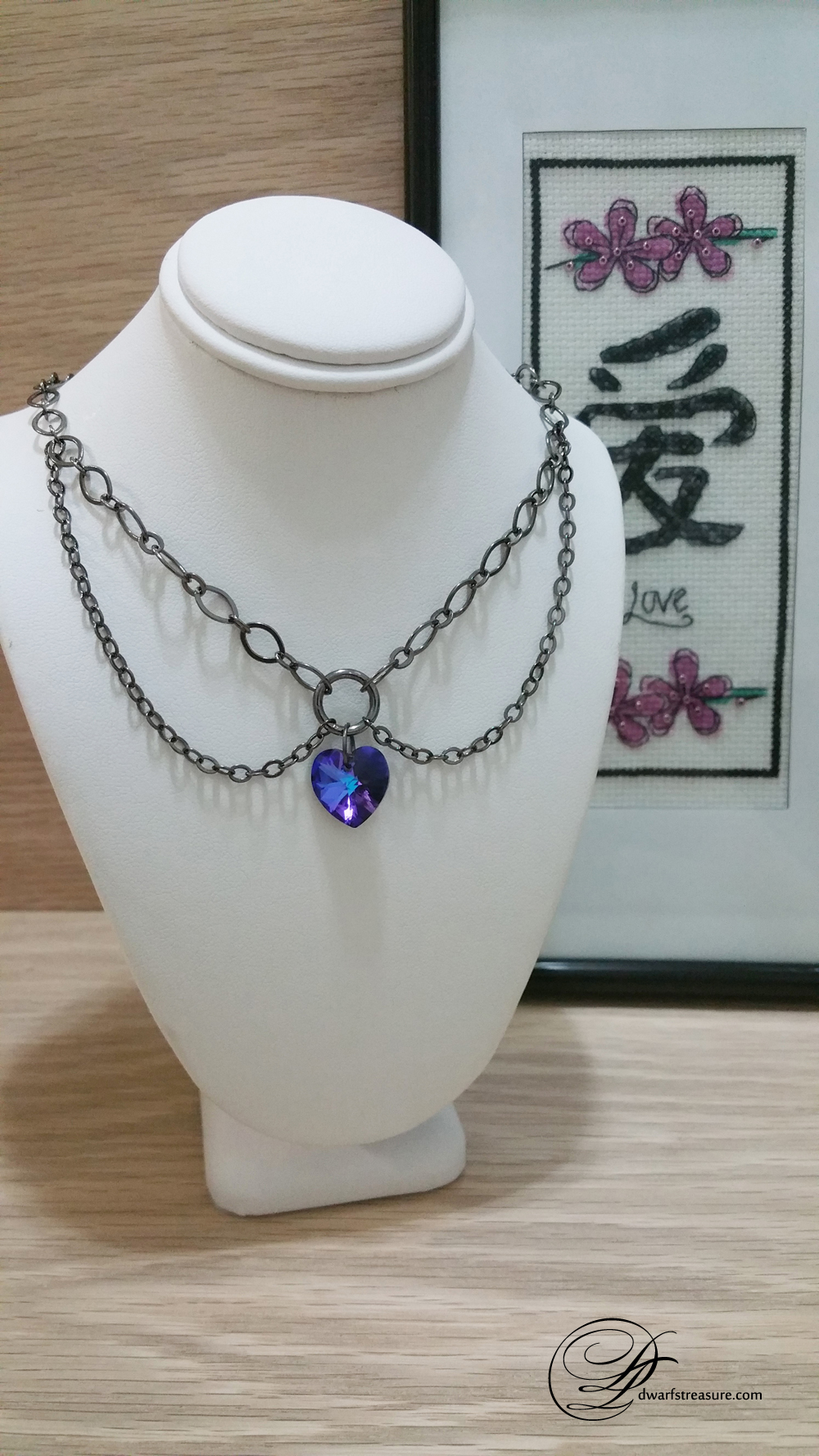 ultraviolet heart pendant necklace with gunmetal double strand chain