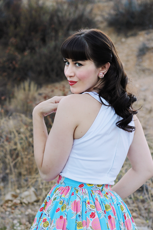 Pinup Girl Clothing Pinup Couture Jenny Skirt in Mary Blair Lips and Roses Print in Blue Harley Top in White