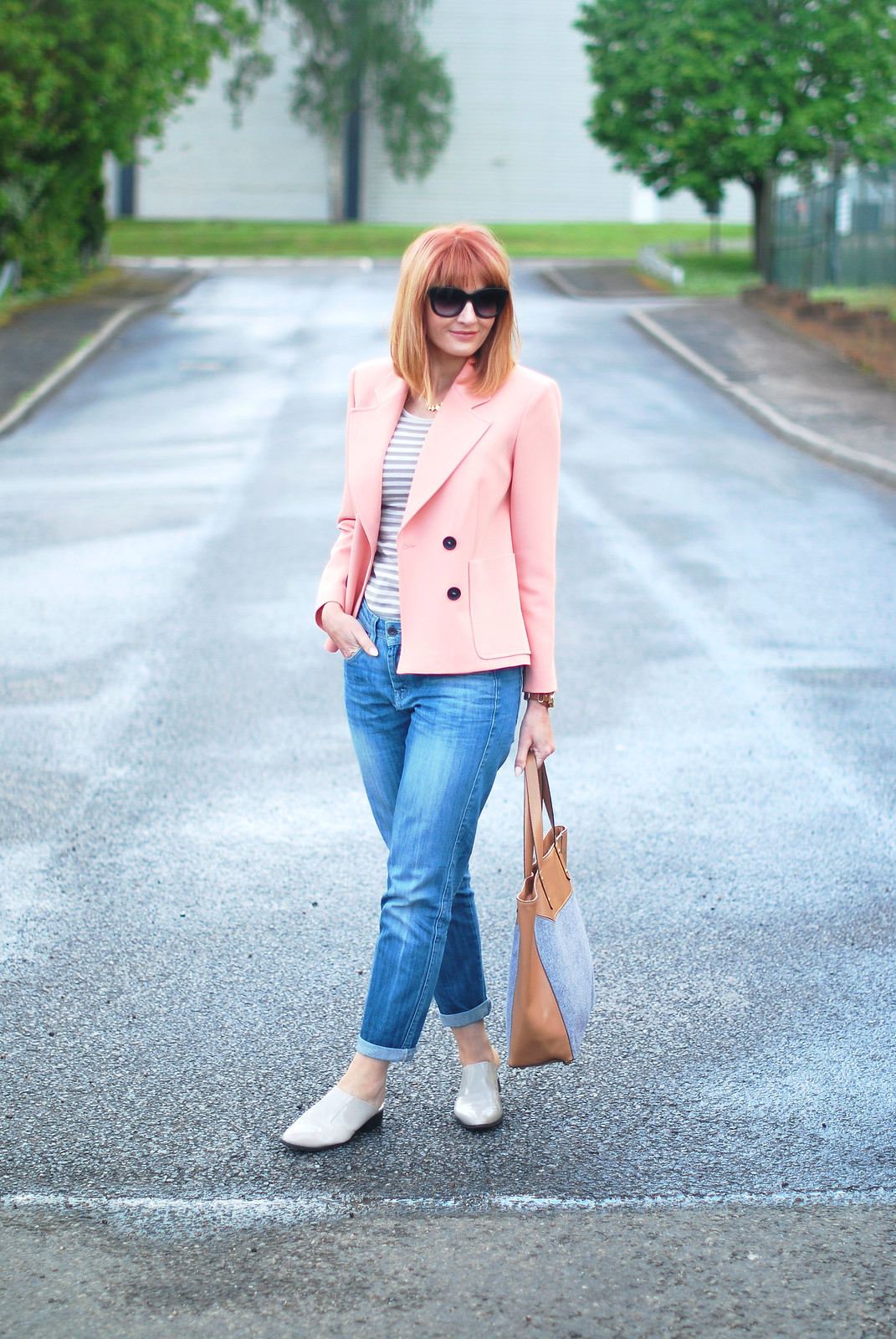 Relaxed Spring/Summer Style: Peach double breasted jacket, Breton striped top, boyfriend jeans | Not Dressed As Lamb