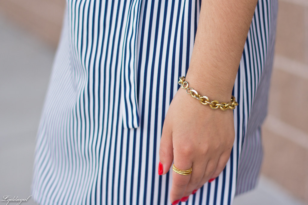 striped shirt dress, blue sandals, white bag.jpg