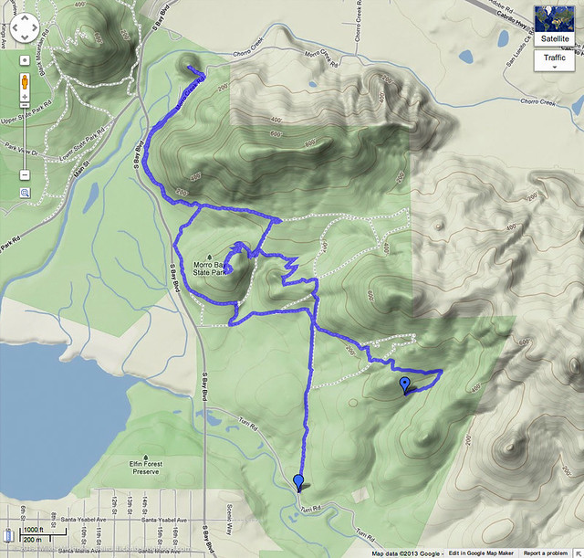 Google Maps view of Trail Hiked for the 26 April 2013 TURRI ROAD TO TURTLE ROCK Workout Hike, Morro Bay, CA.