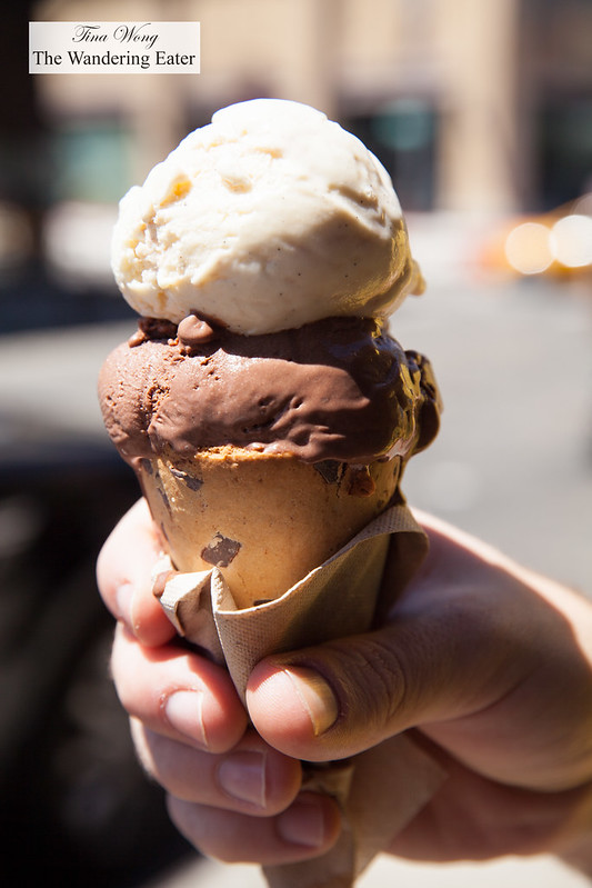 Oh Fudge ice cream and Vanilla ice ceam in chocolate chip cone