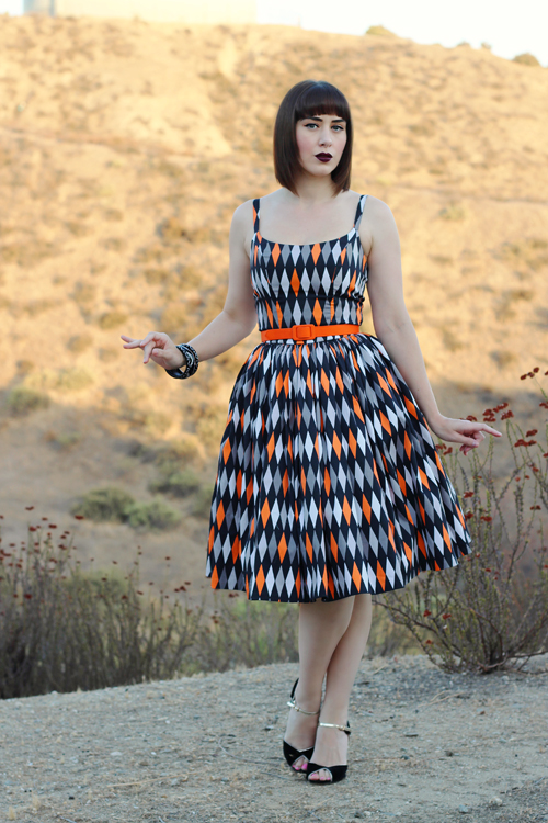 Pinup Girl Clothing Pinup Couture Jenny Dress in Halloween Harlequin Print