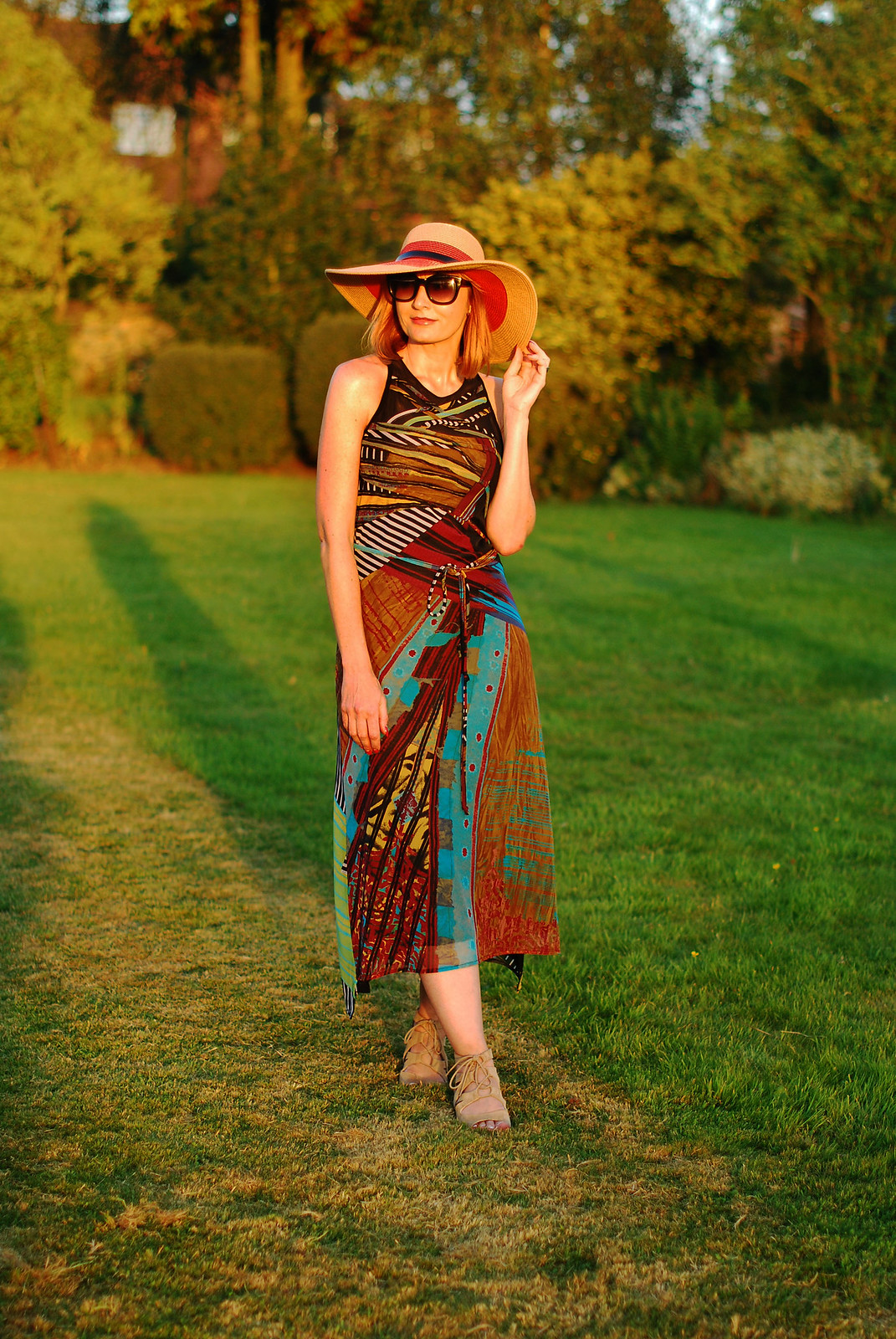Easy summer dressing: Tribal-print maxi dress, wide-brimmed floppy hat | Not Dressed As Lamb, over 40 style