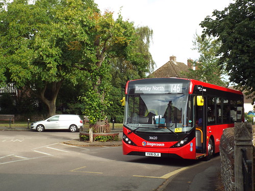 First day of Stagecoach London on route 146 - 36620, YX16OLA stands at Downe Church