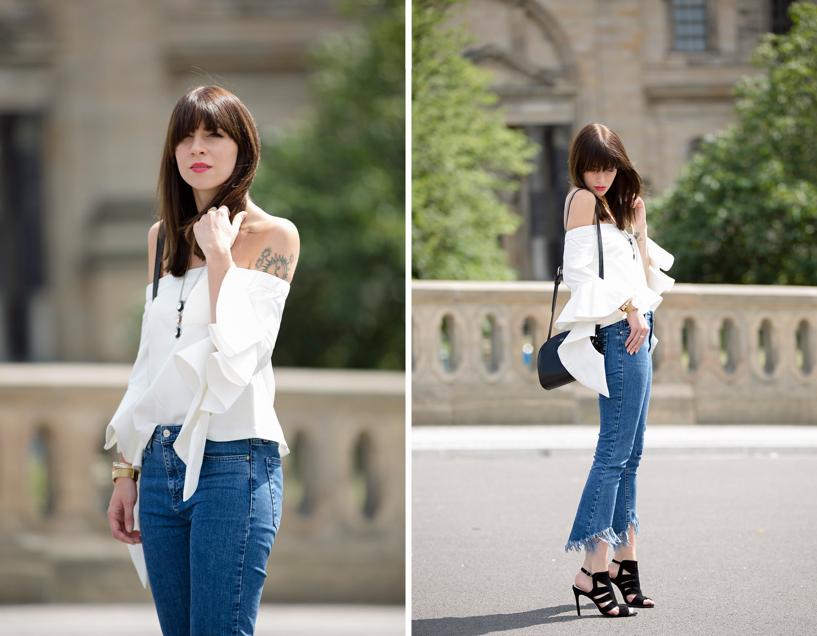 outfit berlin white off shoulder top chicwish fringe jeans mango bangs brunette parisienne french girl berliner dom museumsinsel summertime august styling apc halfmoon bag fashionblogger cats & dogs german style blog ricarda schernus outfitblogger 4