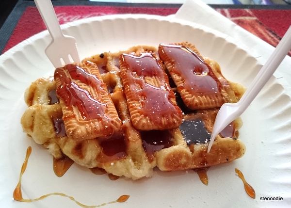 Waffles with caramel syrup and biscuits