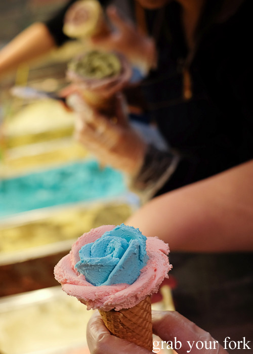 Blue bubblegum and pinky milky flower gelato from i-Creamy Artisan Gelato, Sydney