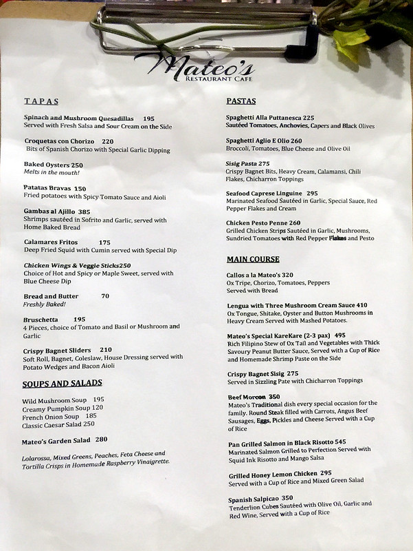 Mateo's Restaurant Cafe menu