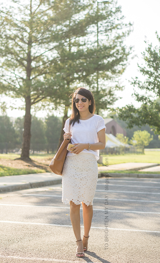 white tee, off-white floral pencil skirt, gold jewelry, cognac brown tote, brown jeweled sandals