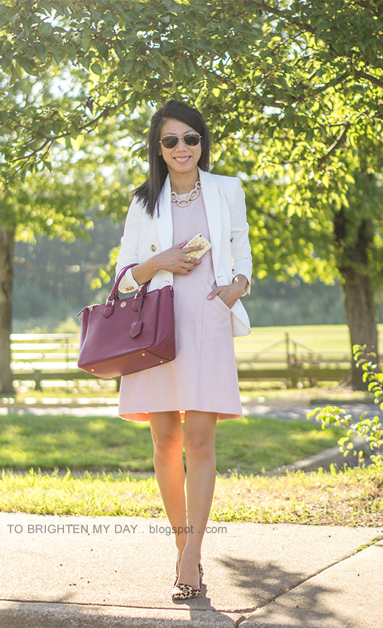 white blazer, pave chain link necklace, pink wool shift dress, red purple tote, leopard flats