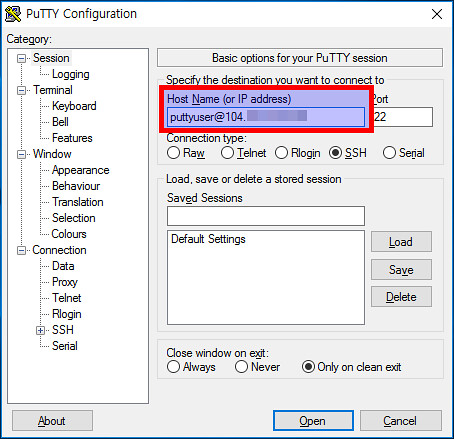 PuTTY Configuration Host Name