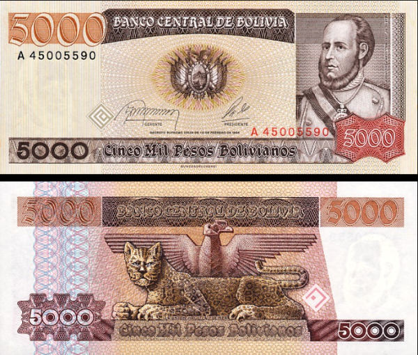5000 Pesos Bolivianos Bolívia 1984, P168a