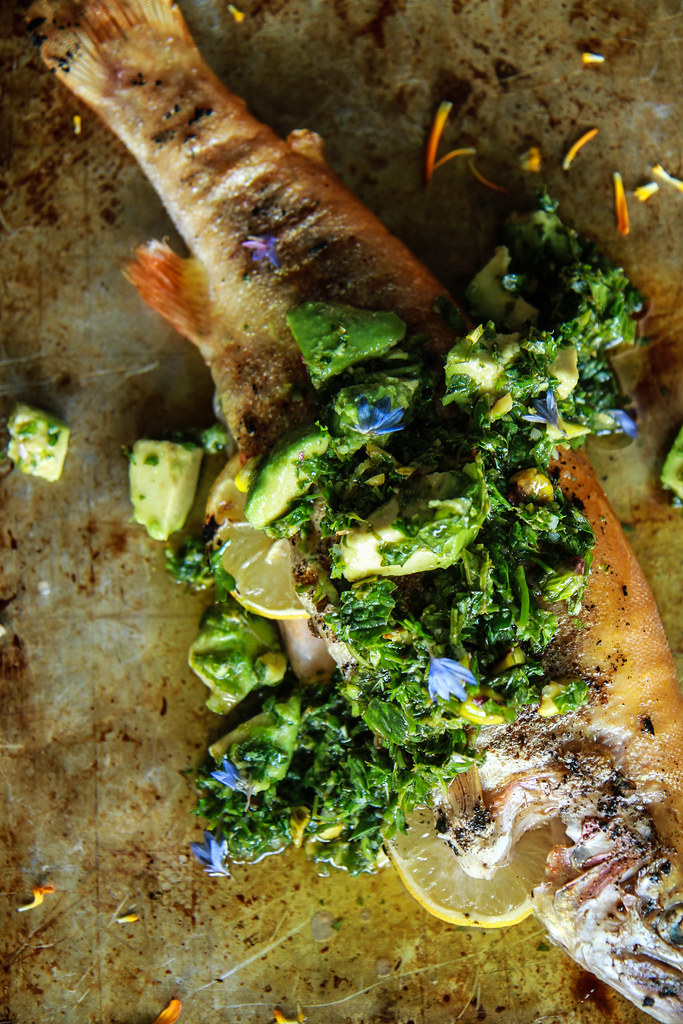 Grilled Trout with Avocado Chimichurri Sauce