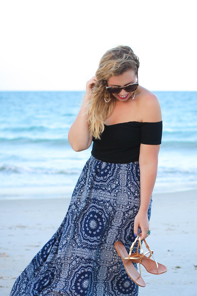 Wind Swept on the Beach | ASOS Black Off the Shoulder Crop Top Patterned Blue Maxi Skirt M.Gemi Gold Sandals Vero Beach Florida Living After Midnite Summer Outfit Fashion Blogger Jackie Giardina